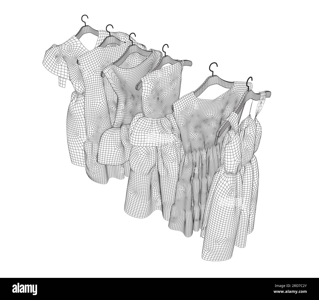 Abito contadino lungo - bambina/ragazza con struttura a wireframe, modello a disegno piatto vettoriale. Illustrazione tecnica della moda. Abito da vita Empire. 3D. Illustrazione Vettoriale