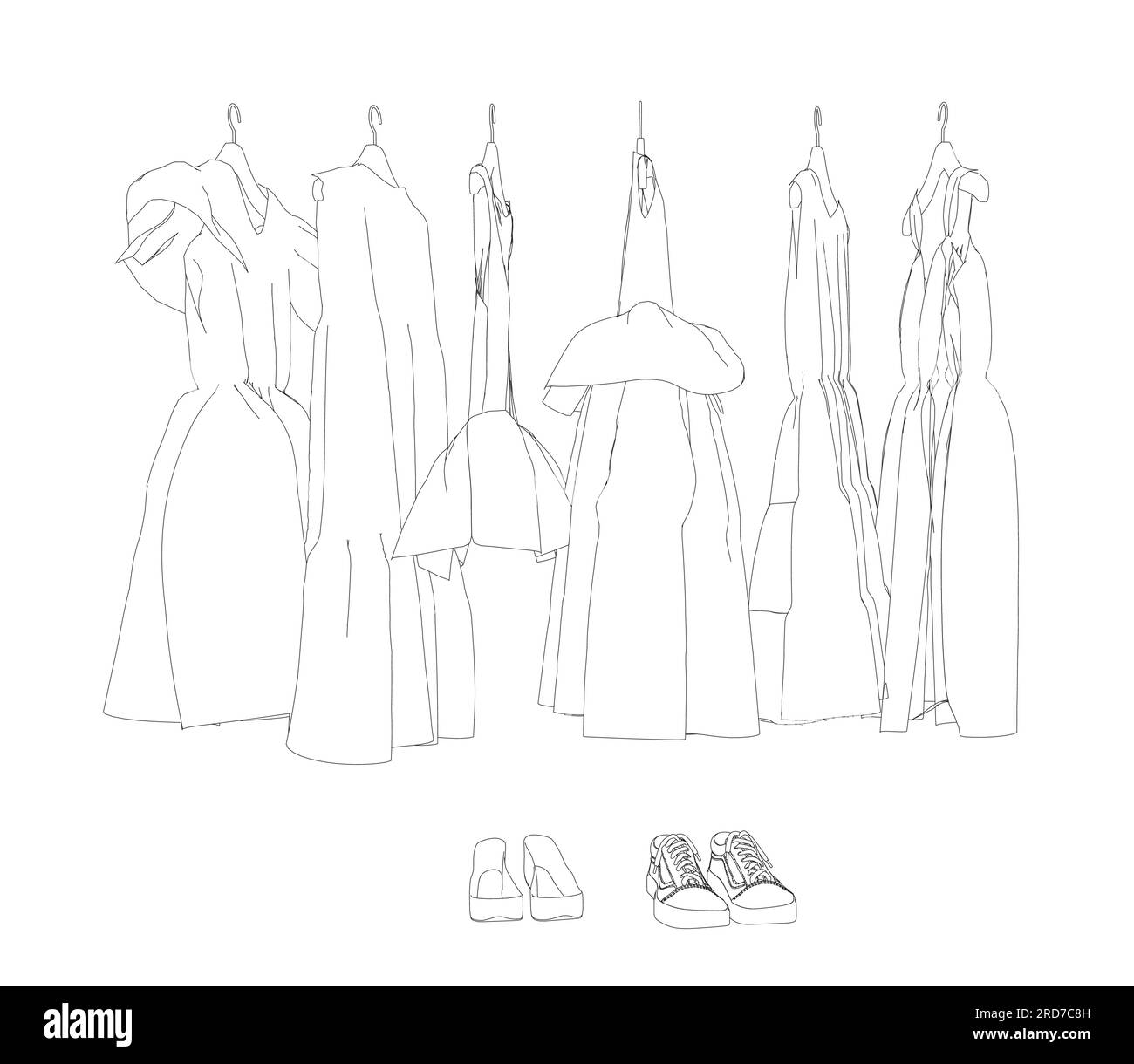 Abito lungo per bambina/ragazza con contorno, modello di disegno piatto vettoriale. Illustrazione tecnica della moda. Abito da vita Empire. Illustrazione Vettoriale