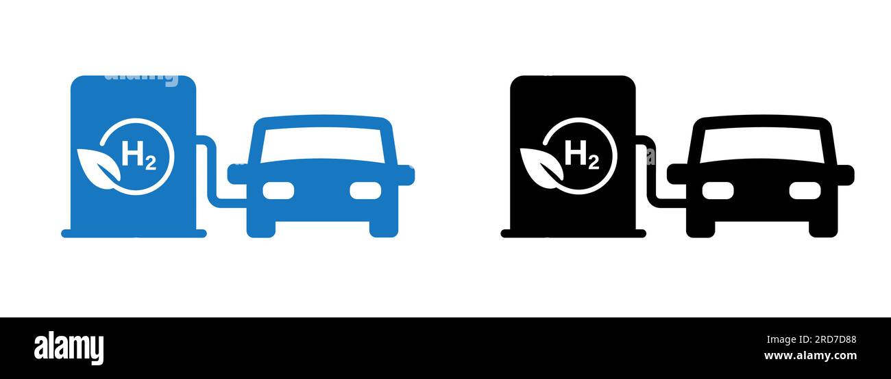 Icona della stazione di rifornimento per veicoli a idrogeno H2 simbolo rotondo a foglia blu e nero Illustrazione Vettoriale