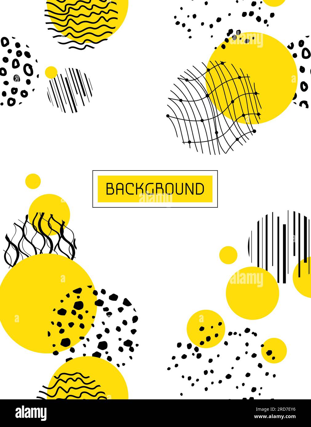 Sfondo verticale astratto con cerchio giallo. elimina i pattern neri con linee curve, punti e punti. Sfondi Vector moderni e alla moda. Disegnato a mano. Illustrazione Vettoriale