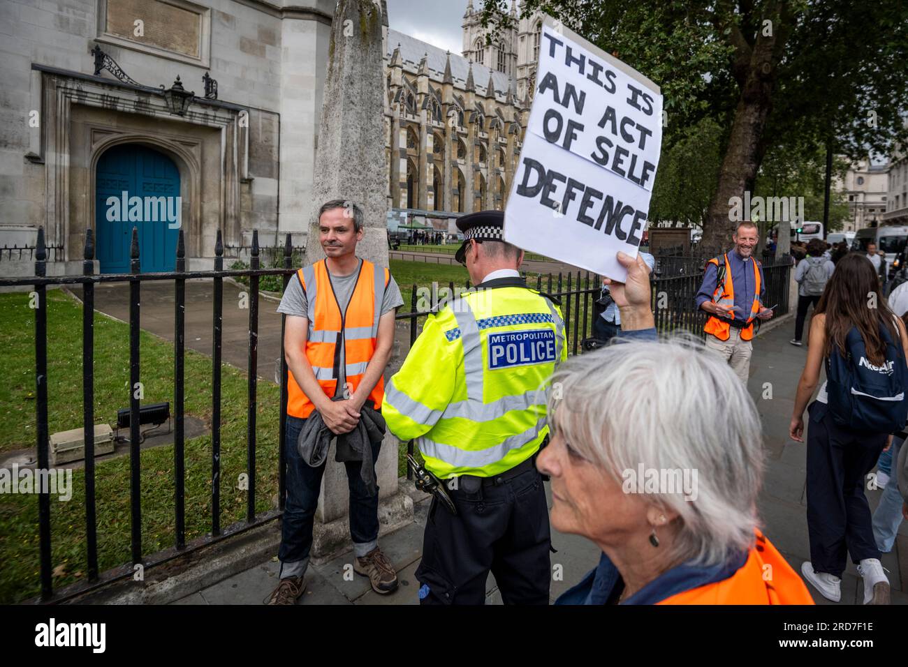 Londra, Regno Unito. 19 luglio 2023. La polizia arresta un membro della Just Stop Oil che protesta in Piazza del Parlamento durante la tredicesima settimana di azioni. Just Stop Oil è un gruppo di resistenza civile non violento che chiede al governo britannico di smettere di concedere licenze a tutti i nuovi progetti di petrolio, gas e carbone. Crediti: Stephen Chung / Alamy Live News Foto Stock