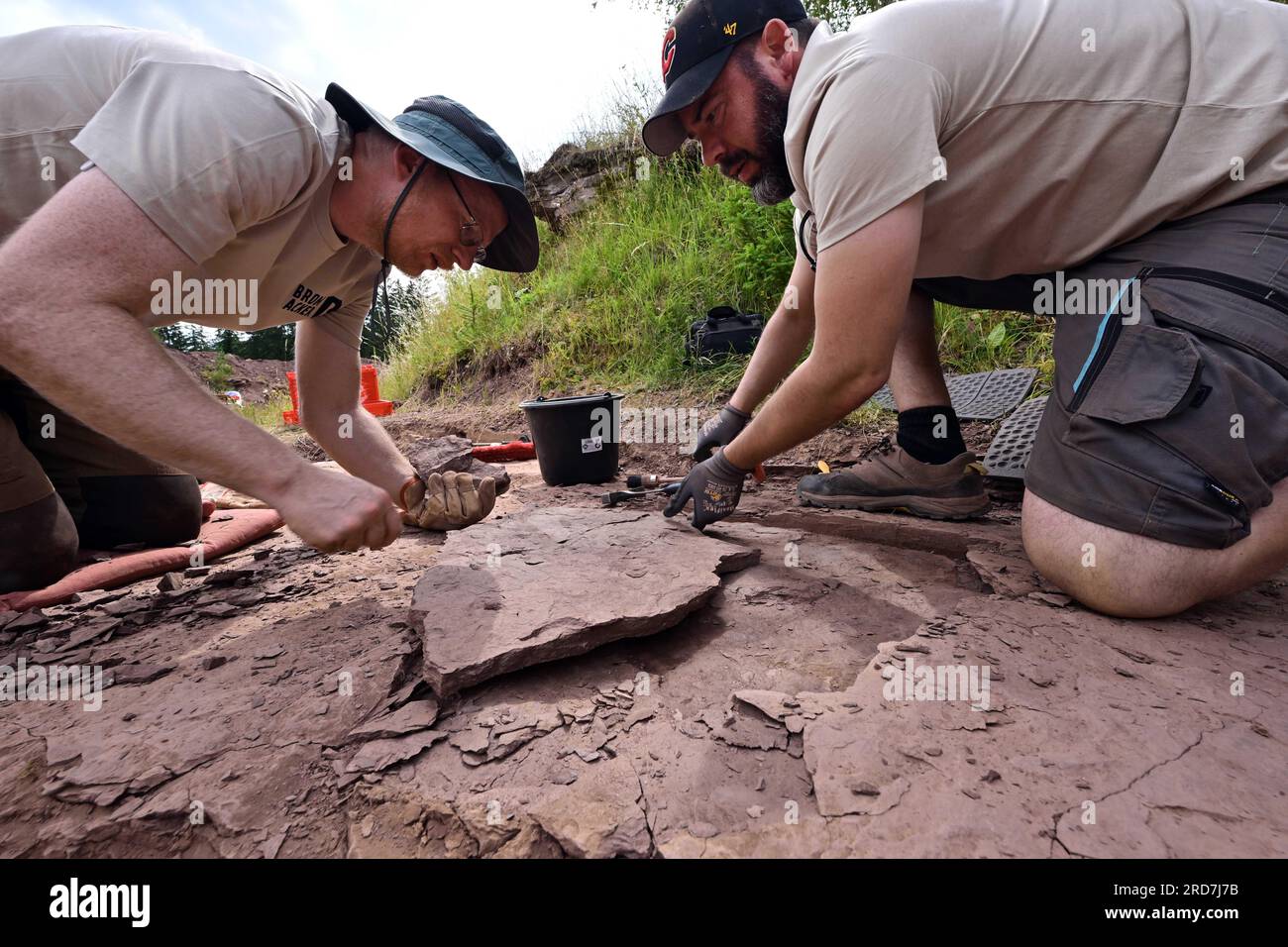 19 luglio 2023, Turingia, Gotha: Jörg Fröbisch (r) e Tom Hübner (l), scienziati, cercano resti di dinosauri primordiali e altre tracce di 290 milioni di anni fa durante gli scavi estivi del 2023 nel sito fossile di Bromacker. Circa 40 ricercatori sono coinvolti fino all'11 agosto. Gli scavi di Bromacker fanno parte di un progetto di ricerca interdisciplinare che durerà fino al 2025. L'istituto di ricerca Museum für Naturkunde Berlin - Leibniz Institute for Research on Evolution and Biodiversity, la Friedenstein Castle Foundation Gotha, l'Università Friedrich Schiller di Jena e l'U Foto Stock