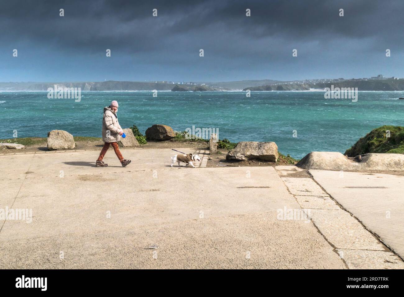 Un uomo che cammina il suo piccolo cane lungo la strada costiera su Towan Head che si affaccia Newquay Bay in Cornovaglia nel Regno Unito. Foto Stock