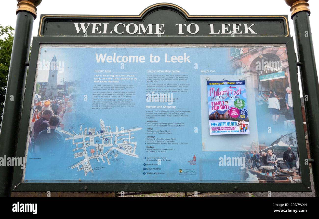 Benvenuto al cartello Leek, Leek Town Centre, Staffordshire, Inghilterra, Regno Unito Foto Stock