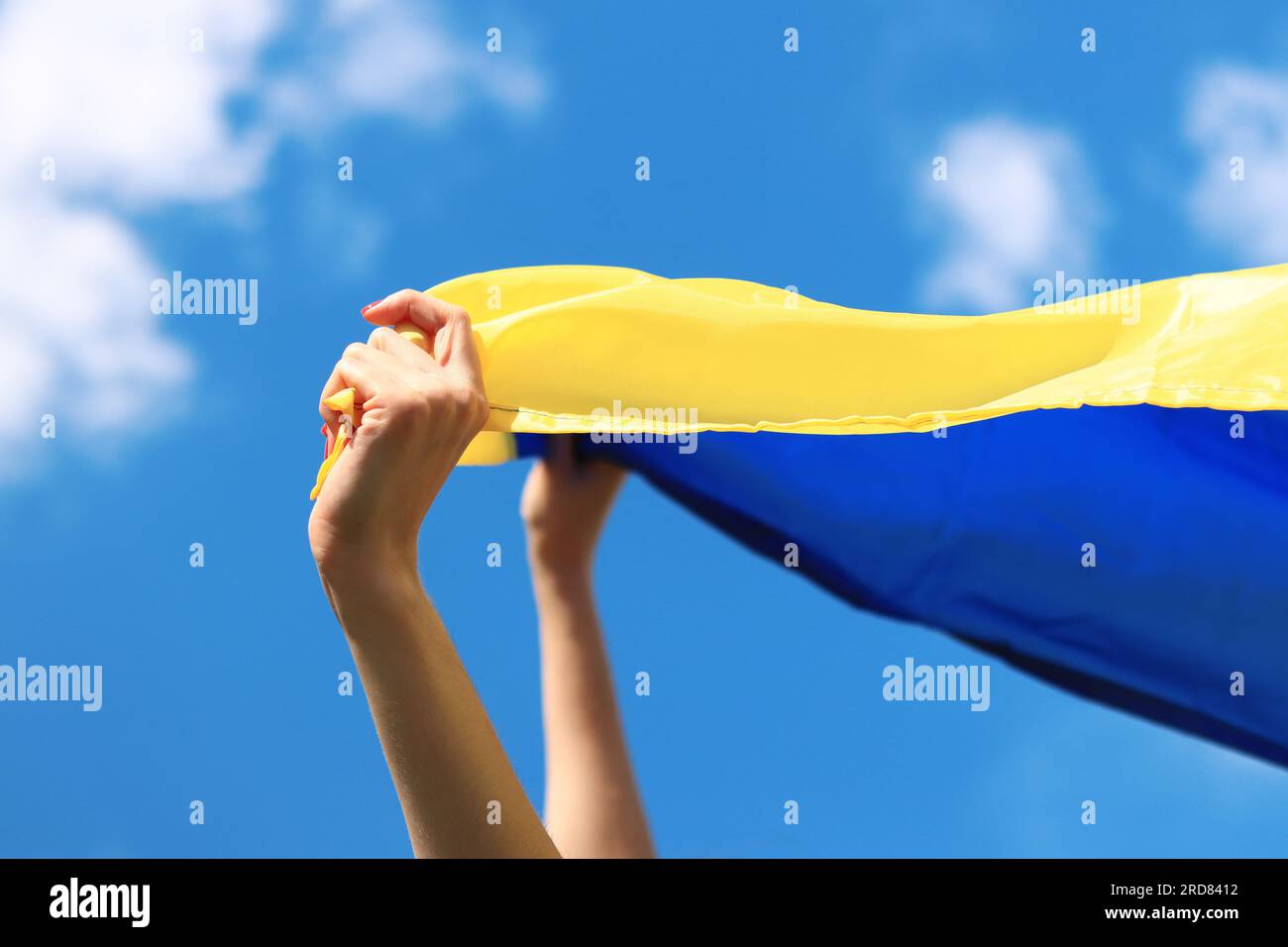 Bandiera gialla e blu dell'Ucraina nelle mani della donna. Bandiera blu e gialla sventolante dell'Ucraina sullo sfondo del cielo. La bandiera Ucraina è un simbolo di Foto Stock