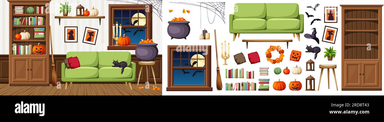 Soggiorno decorato per Halloween. Interni notturni di Halloween. Set di mobili. Costruttore di interni. Illustrazione vettoriale dei cartoni animati Illustrazione Vettoriale