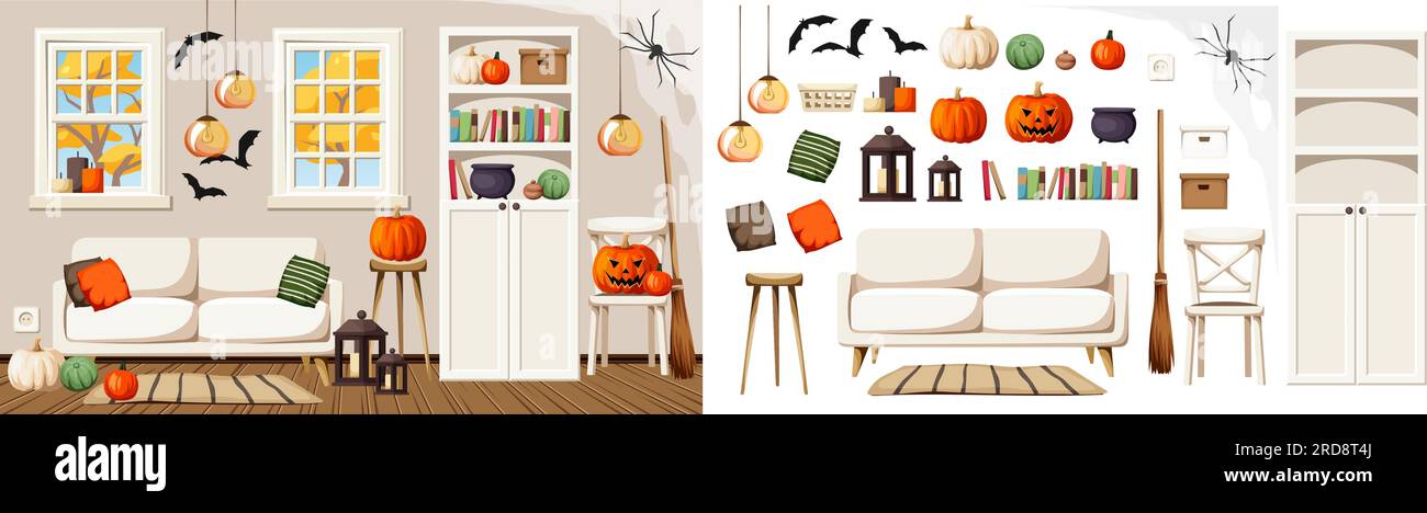 Soggiorno decorato per Halloween. Interni moderni di Halloween. Set di mobili. Costruttore di interni. Illustrazione vettoriale dei cartoni animati Illustrazione Vettoriale