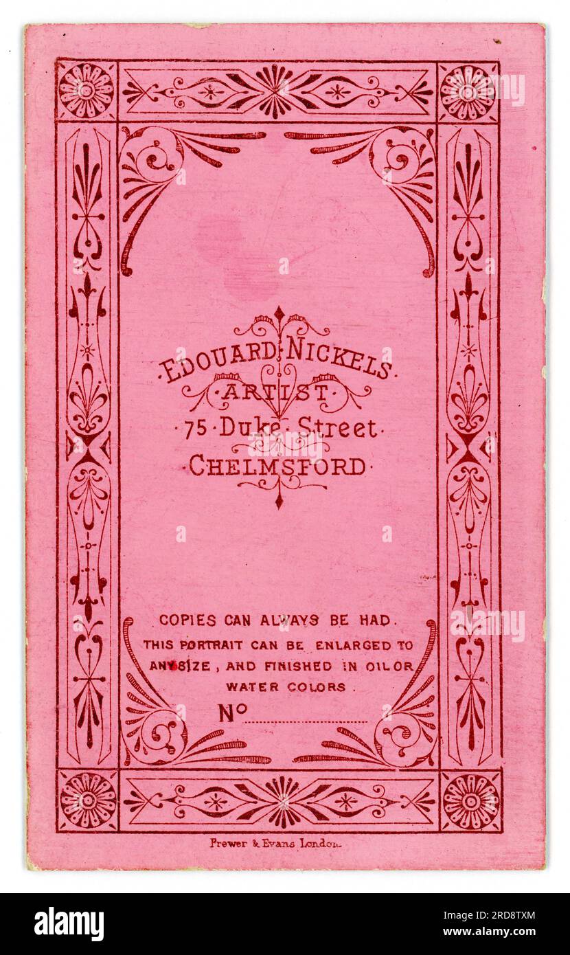 Retro dell'originale Victorian CDV, (carta de visite o biglietto da visita) dallo studio fotografico di Edouard Nickels, 75 Duke Street, Chelmsford, Essex, Inghilterra, Regno Unito circa 1878. Foto Stock