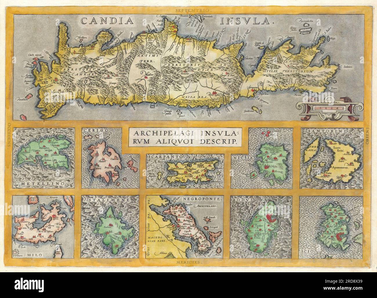 Una rara e bella mappa di Abramo Ortelio del 1584 di Creta e altre dieci isole greche: Metellino (Mitilina, Lesbo), Cerigo, Scarpanto (Karpathos), Nicsia (Naxos), Santorini, Milo, Stalimene (Limnos), Negroponte (Euboea), Rodus (Rodi, Sede del Colossus di Rodi) e dello Scio (Chios) Data: 1584 Foto Stock