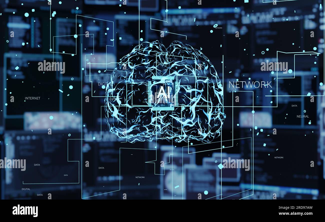 Il computing cognitivo consente ai computer di replicare il funzionamento del cervello umano. Algoritmi di autoapprendimento DELL'INTELLIGENZA ARTIFICIALE basati sull'estrazione dei dati e sul riconoscimento dei modelli utilizzati per identificare le soluzioni ai problemi, il rendering 3D. Foto Stock