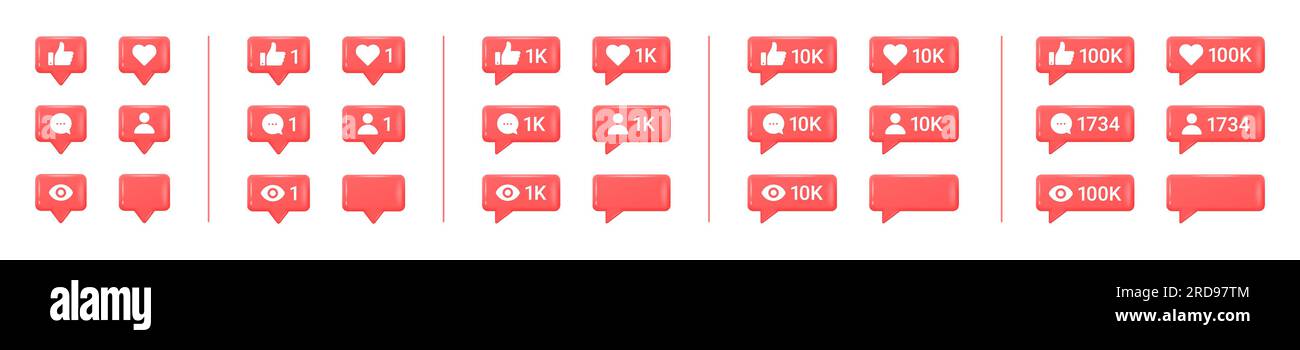 Set di icone realistiche di notifica dei social media 3d lucide. Pulsanti mi piace, commenta, iscriviti e visualizza. Icone a bolle vettoriali di dimensioni diverse per i soci Illustrazione Vettoriale