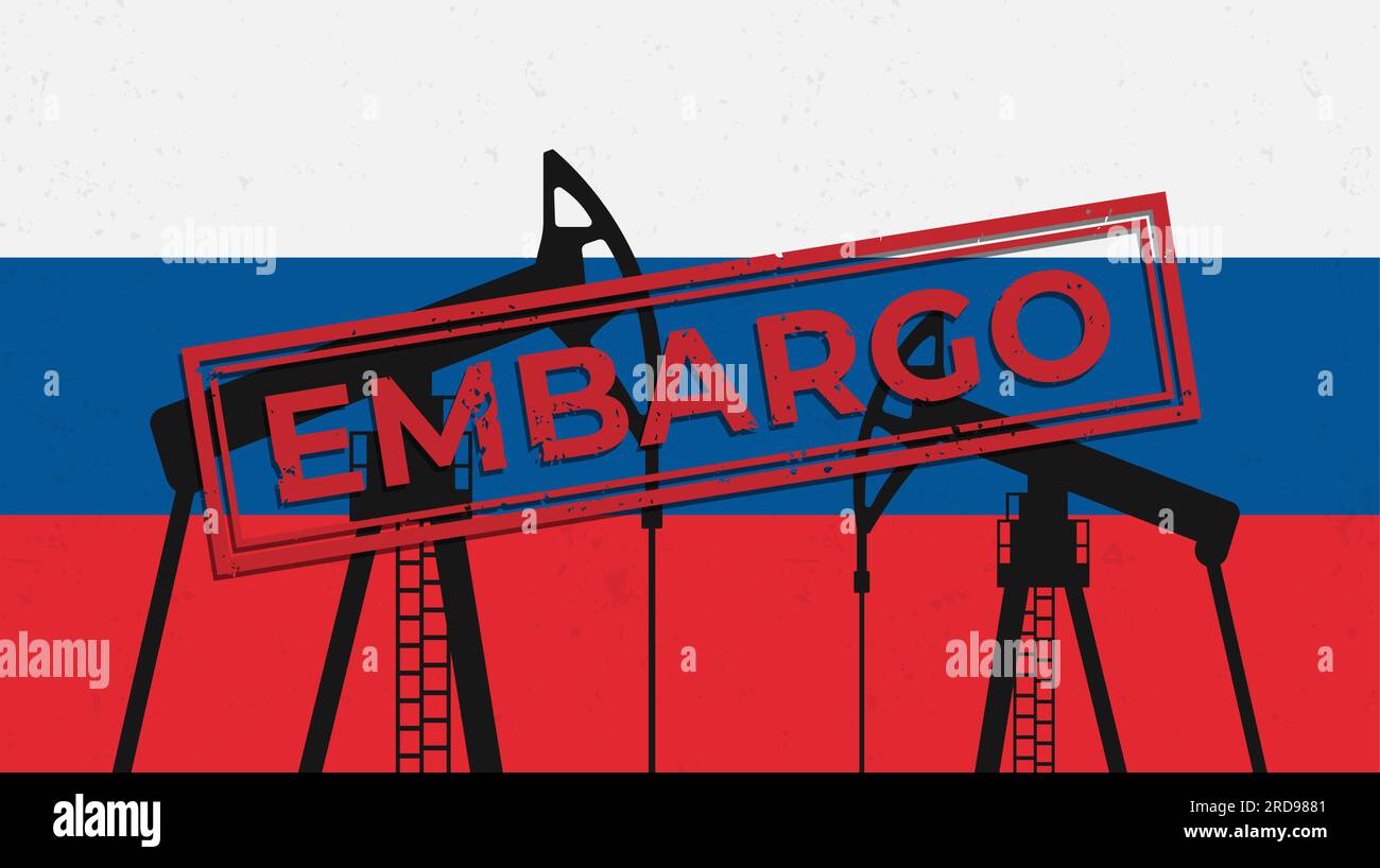 timbro rettangolare rosso con l'iscrizione embargo con effetto grunge e piattaforme petrolifere sullo sfondo della bandiera russa. illustrazione vettoriale. Illustrazione Vettoriale