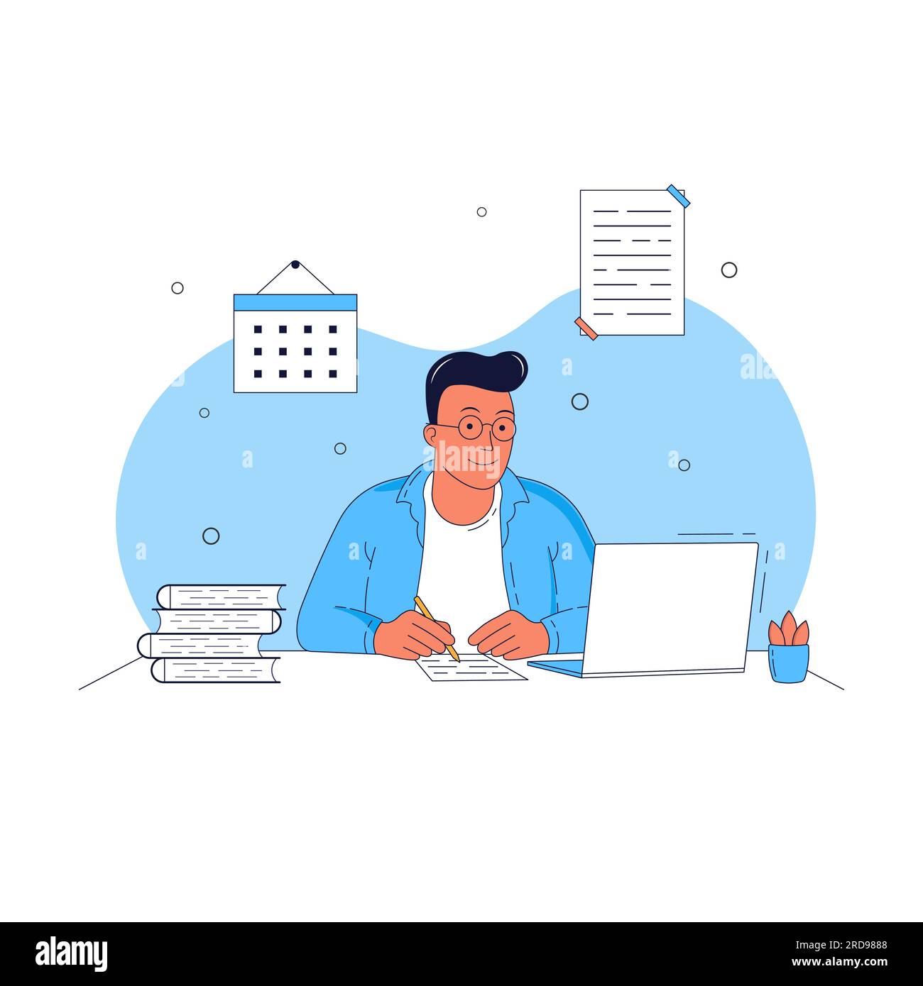 illustrazione del vettore di apprendimento in linea. il ragazzo ottiene un'istruzione a casa utilizzando un notebook. Il concetto di apprendimento on-line a casa, test on-line, distanza l Illustrazione Vettoriale