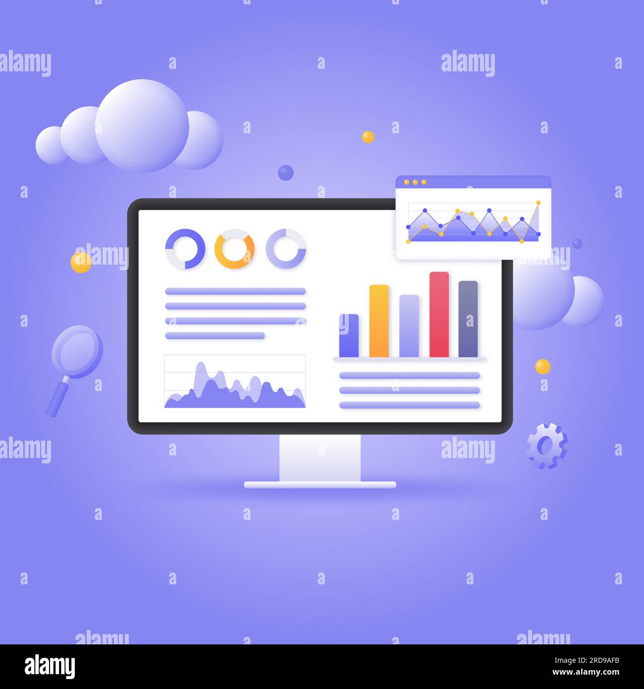 pannello informazioni sullo schermo del monitor. analisi online dei dati aziendali, report sugli investimenti e sui finanziamenti. illustrazione 3d vettoriale su sfondo viola. Illustrazione Vettoriale
