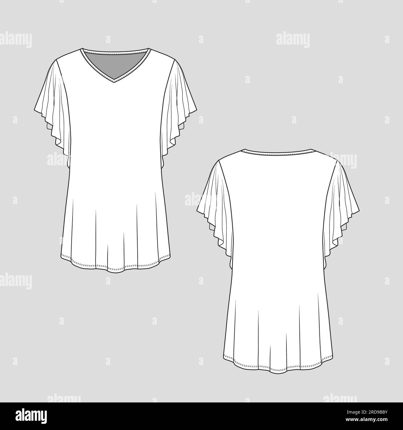 Manica con volant moda donna con scollo a V tunica top piatto disegno tecnico disegno vettoriale Illustrazione Vettoriale
