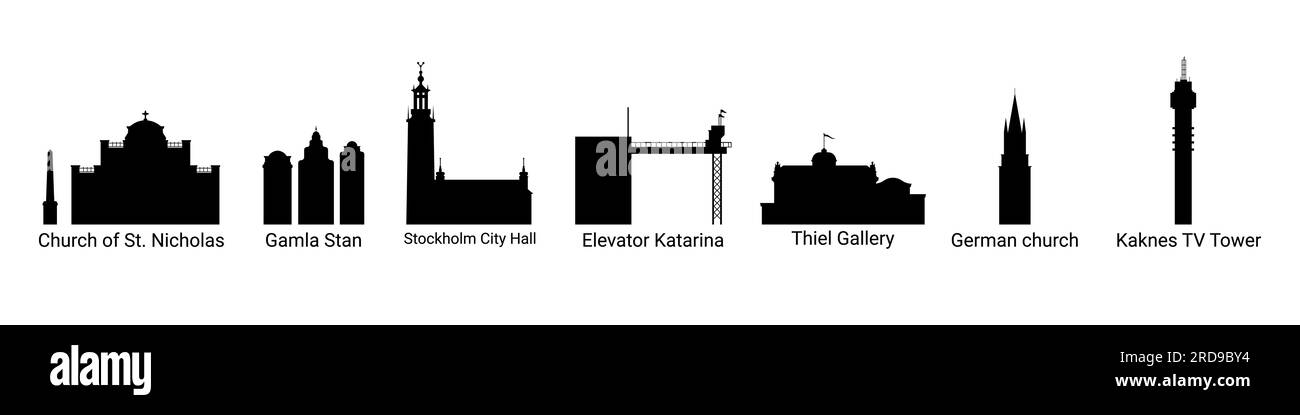 Sagome di attrazioni architettoniche di stoccolma. Illustrazione vettoriale per creare il proprio progetto, isolata su uno sfondo bianco. Illustrazione Vettoriale