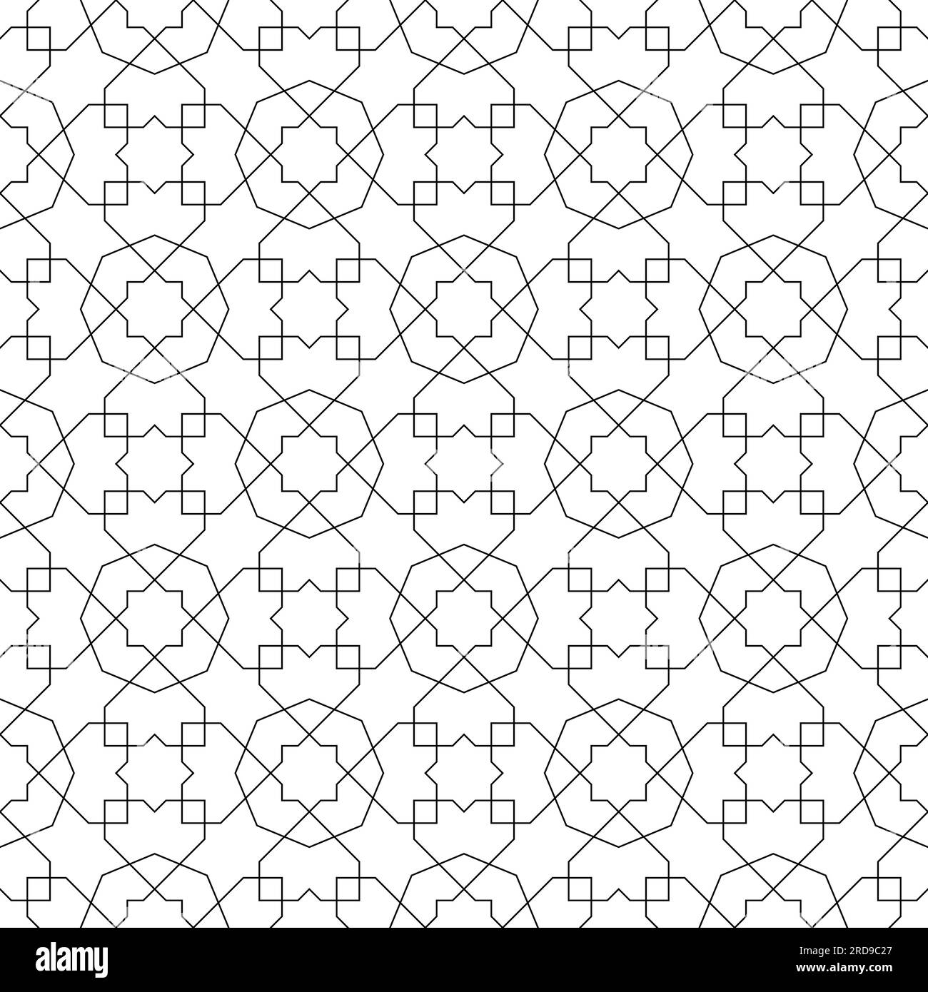 Ornamento geometrico senza cuciture basato sull'arte islamica tradizionale Bianco e nero. Per tessuto, tessuto, copertina, carta da imballaggio, sfondo. Illustrazione Vettoriale