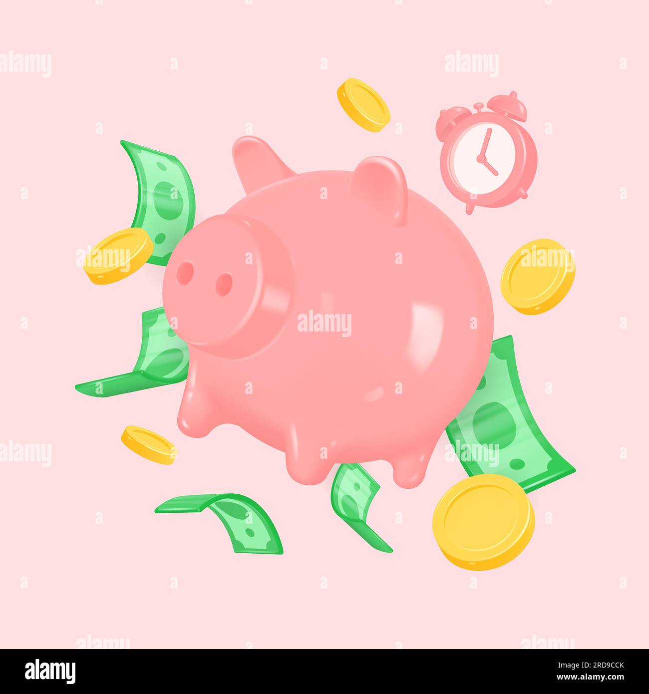 sveglia 3d, salvadanaio, monete d'oro e banconote in dollari in volo. illustrazione vettoriale realistica. il concetto di accumulo, investimento, soldi ma Illustrazione Vettoriale