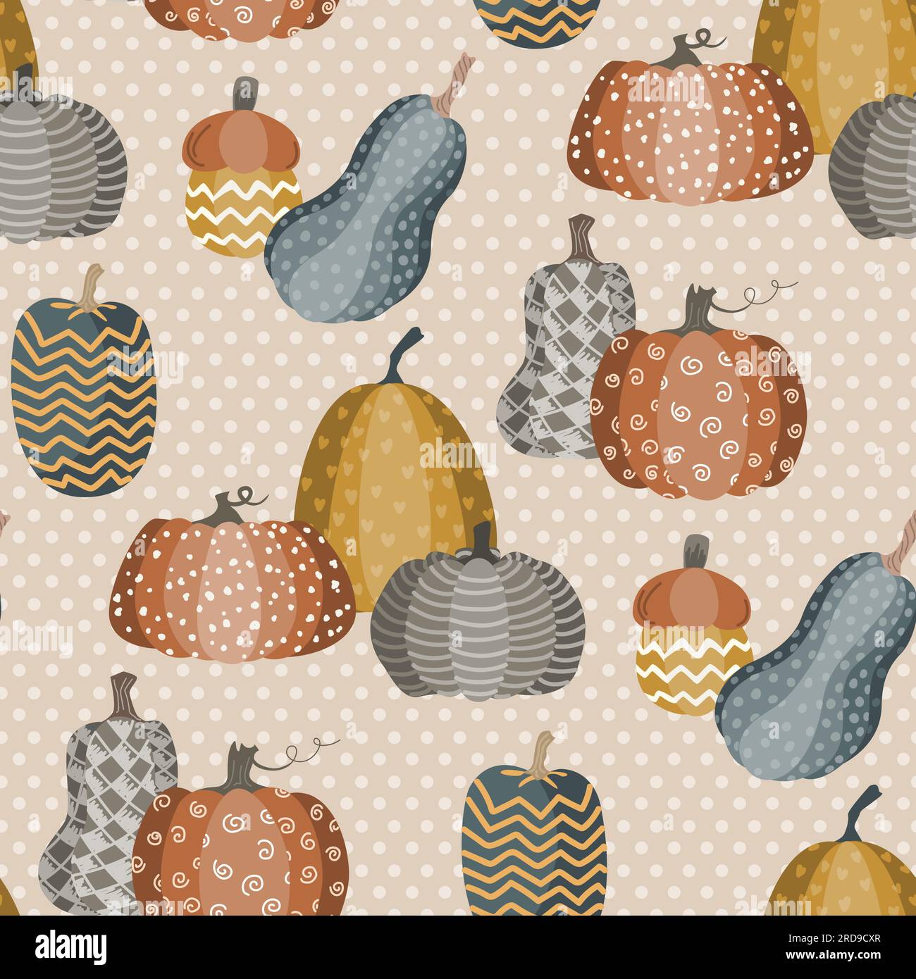 Simpatiche zucche a forma di doodle motivo senza cuciture su sfondo beige a pois. Illustrazione vettoriale di Halloween o del giorno del Ringraziamento. Illustrazione Vettoriale