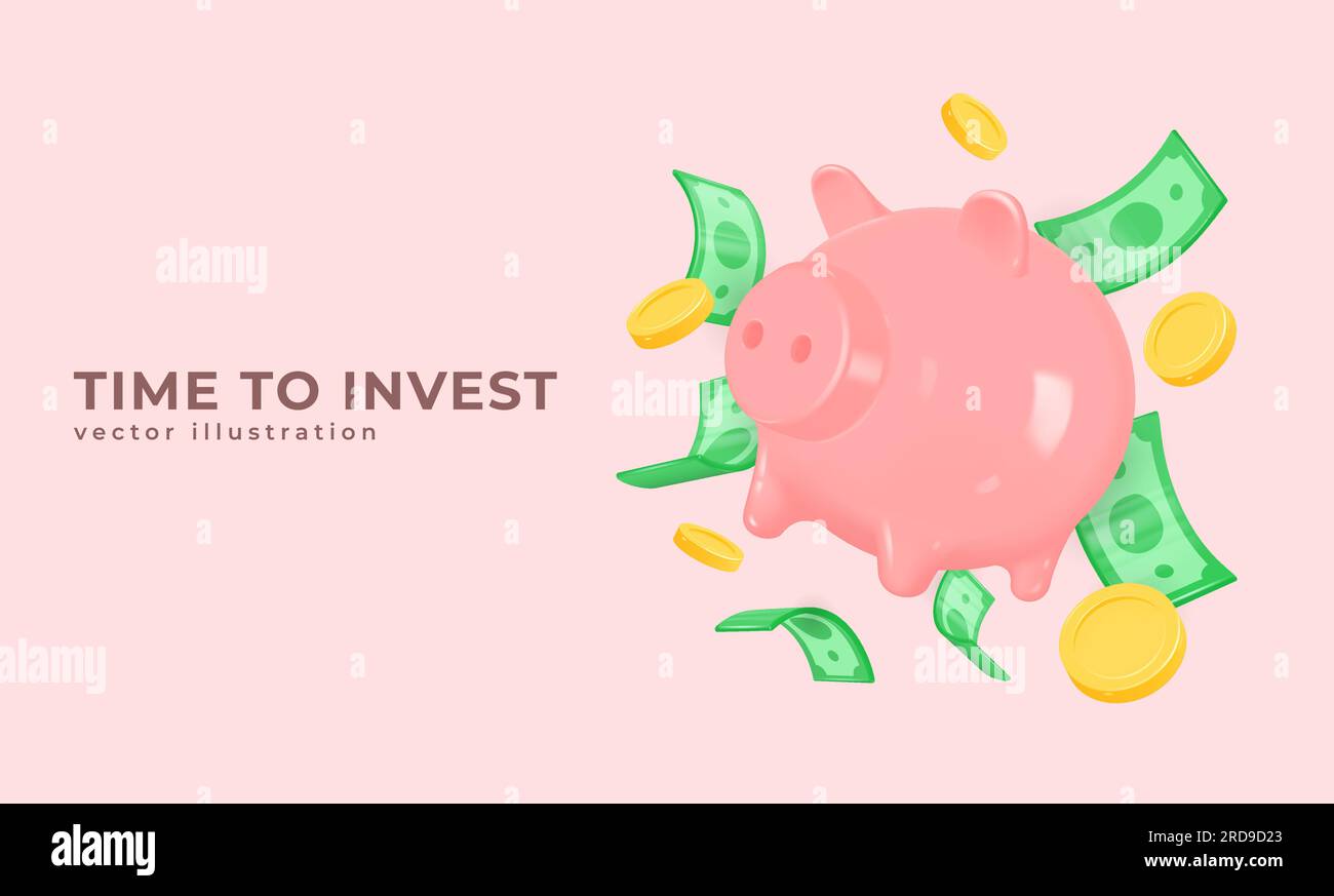 salvadanaio 3d, monete d'oro e banconote in dollari in volo. illustrazione vettoriale realistica. il concetto di accumulo, investimento, gestione del denaro Illustrazione Vettoriale