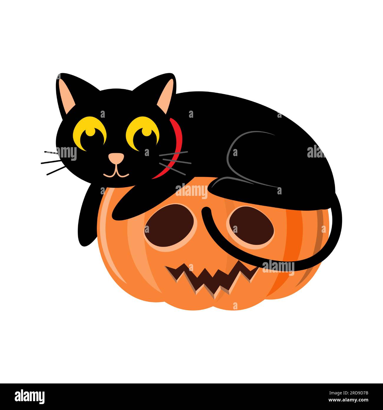 Gatto nero e zucca di halloween . Personaggio dei cartoni animati . Illustrazione vettoriale . Illustrazione Vettoriale
