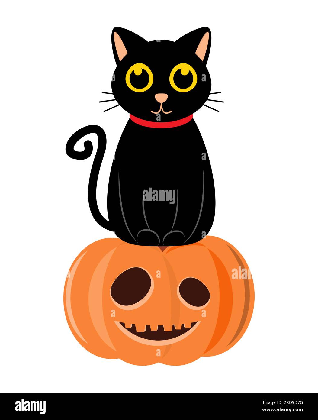 Gatto nero e zucca di halloween . Personaggio dei cartoni animati . Illustrazione vettoriale . Illustrazione Vettoriale