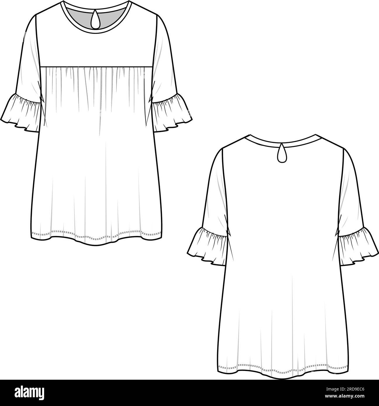 Donna casual girocollo apertura frontale con maniche volant top disegno modello di schizzo vettoriale Illustrazione Vettoriale