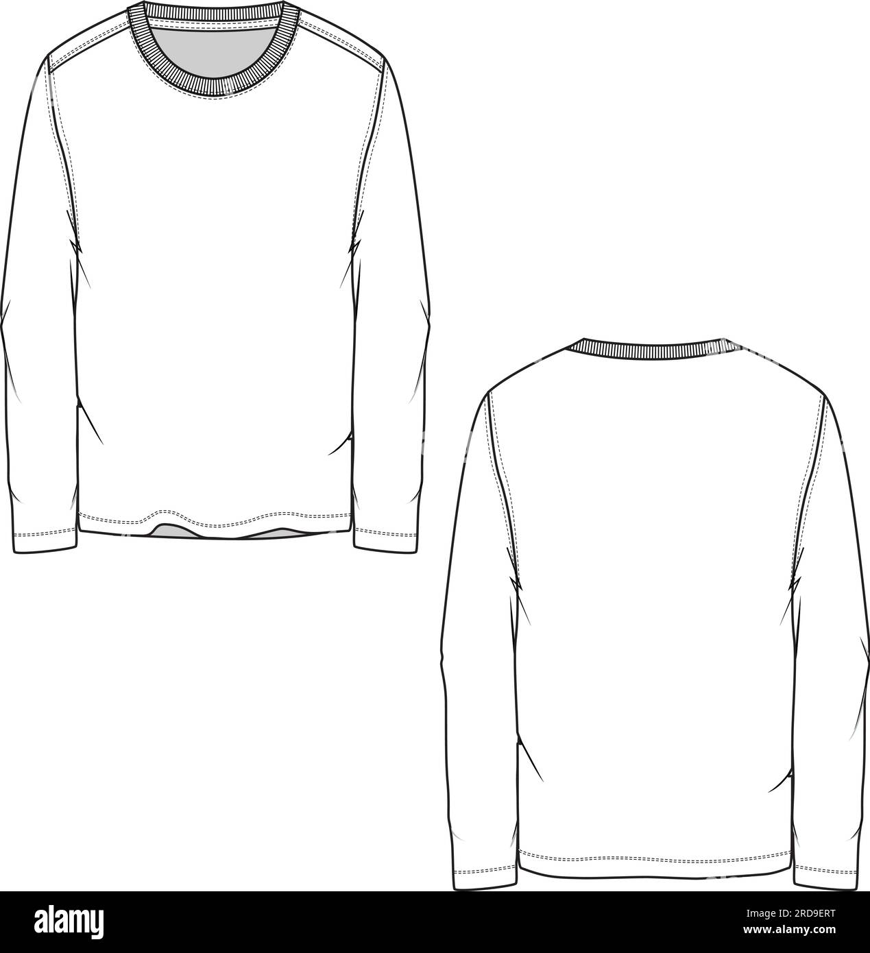 T-shirt a manica lunga girocollo regolare modello tecnico piatto disegno dello schizzo Illustrazione Vettoriale