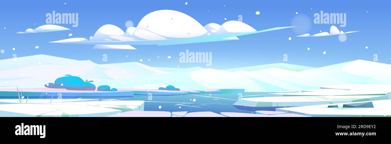 North Pole Winter glacier cartoon landscape Vector. Ghiaccio e neve l'antartide atterra con fori rotti e spaccati sulla superficie del terreno. Congelare il mare o il fiume selvaggio e nevoso disegno illustrativo del paesaggio canadese Illustrazione Vettoriale