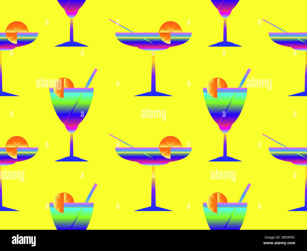 Motivo senza cuciture con cocktail sfumati con cannucce. Cocktail alcolico con paglia e una fetta di arancia nello stile degli anni '80 Design wallpap Illustrazione Vettoriale