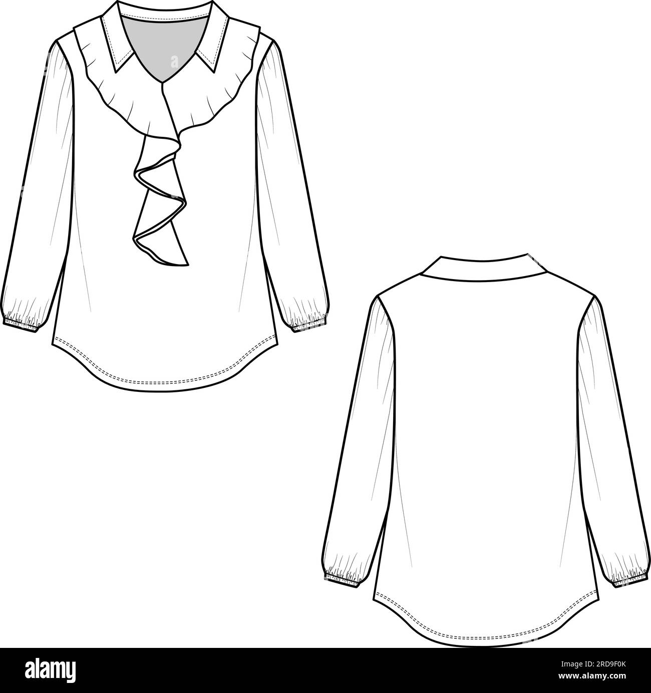 Colletto da donna con volant collo manica lunga T-shirt top blusa Fashion Flat Sketch disegno vettoriale Illustrazione Vettoriale