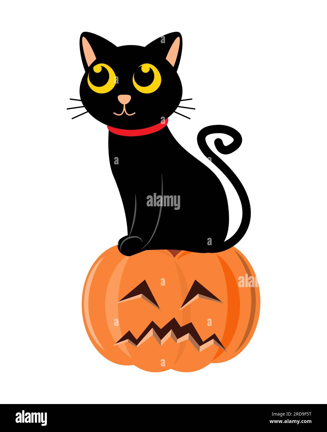 Gatto nero e zucca di halloween . Personaggio dei cartoni animati . Illustrazione vettoriale . Illustrazione Vettoriale