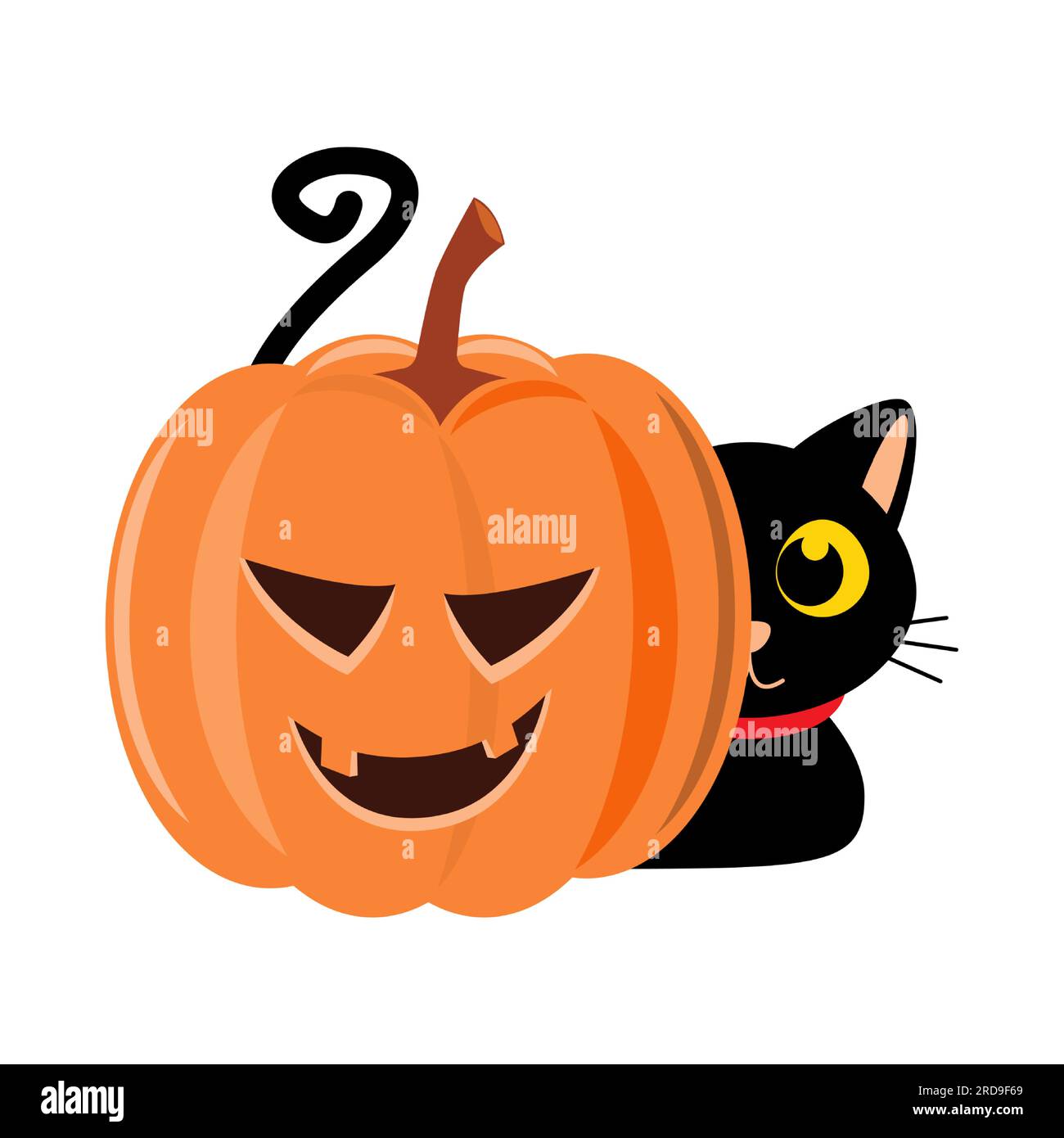 Gatto nero e zucca di halloween . Personaggio dei cartoni animati . Illustrazione vettoriale . Illustrazione Vettoriale