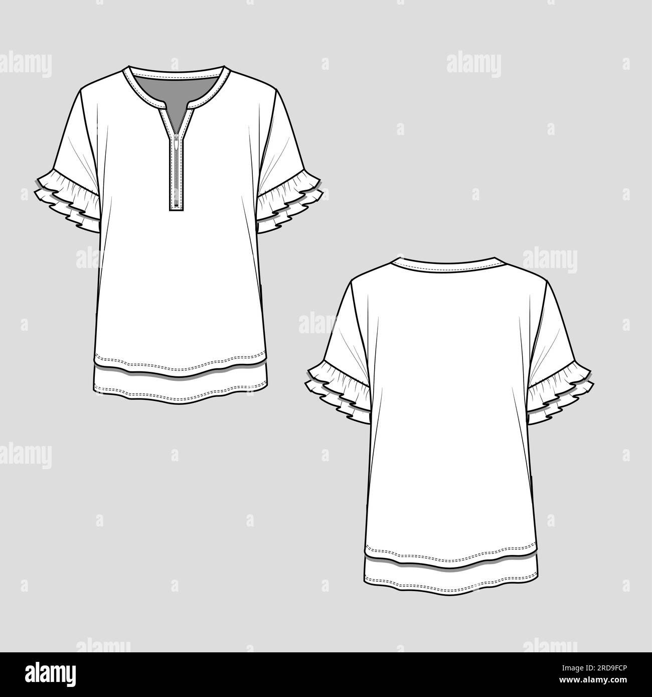 Donna colletto mandarino Henley con zip mezza aperta orlo a doppio strato maniche con volant t-shirt blusa disegno piatto disegno tecnico Illustrazione Vettoriale