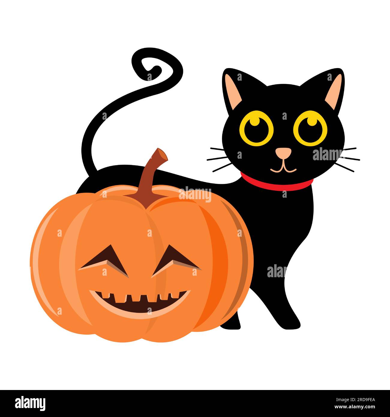 Gatto nero e zucca di halloween . Personaggio dei cartoni animati . Illustrazione vettoriale . Illustrazione Vettoriale