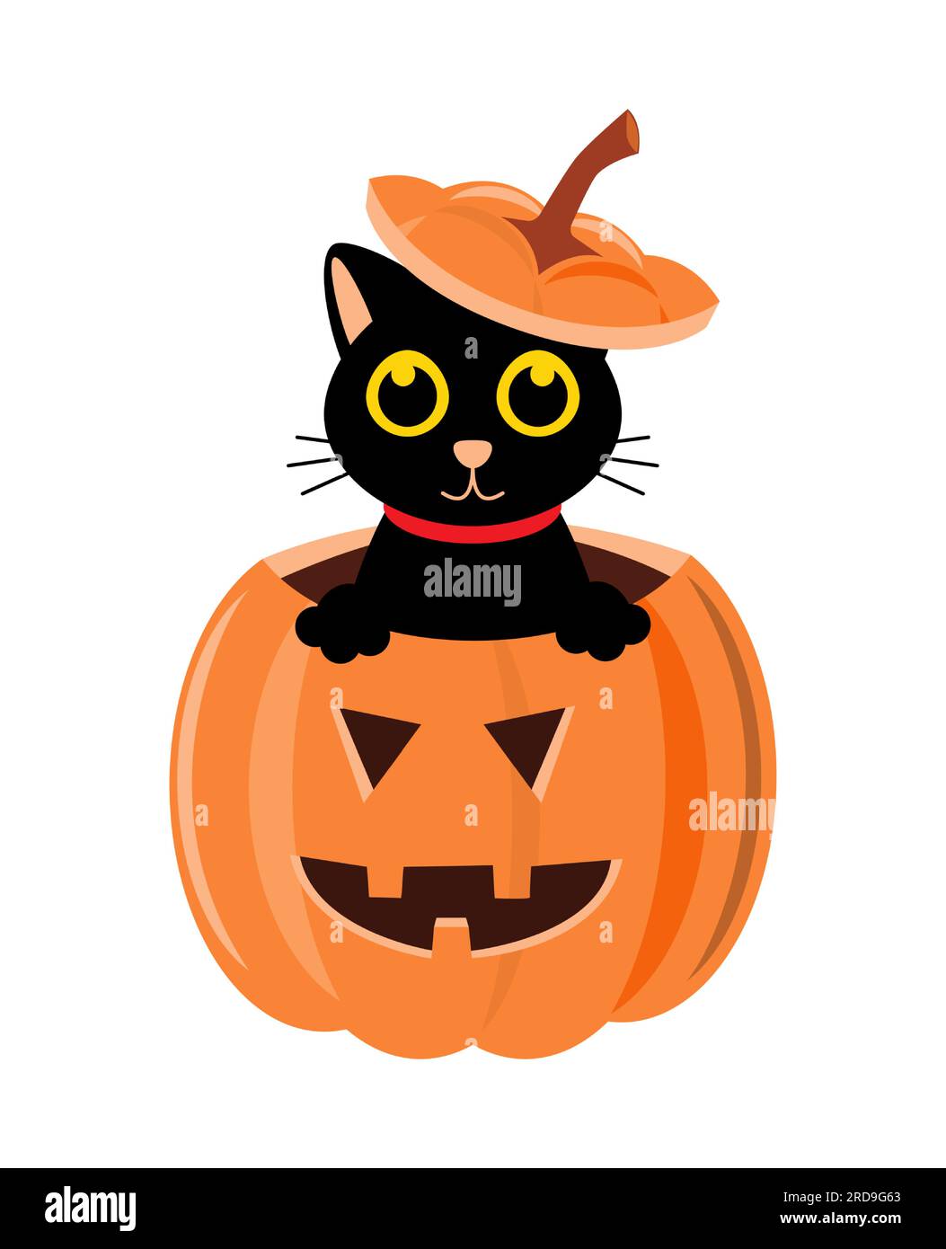 Gatto nero e zucca di halloween . Personaggio dei cartoni animati . Illustrazione vettoriale . Illustrazione Vettoriale
