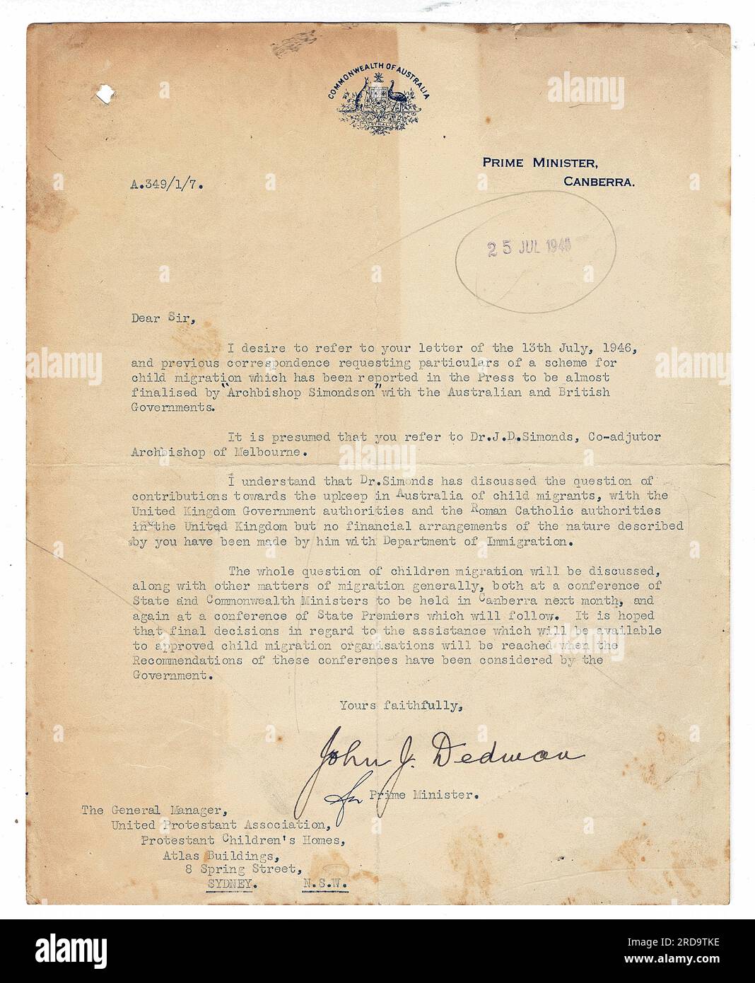 LETTERA STORICA DELL'UFFICIO DEL PRIMO MINISTRO DELL'AUSTRALIA RIGUARDANTE L'ASSISTENZA DISPONIBILE PER LE ORGANIZZAZIONI AUTORIZZATE DI BAMBINI MIIGRATION. Foto Stock