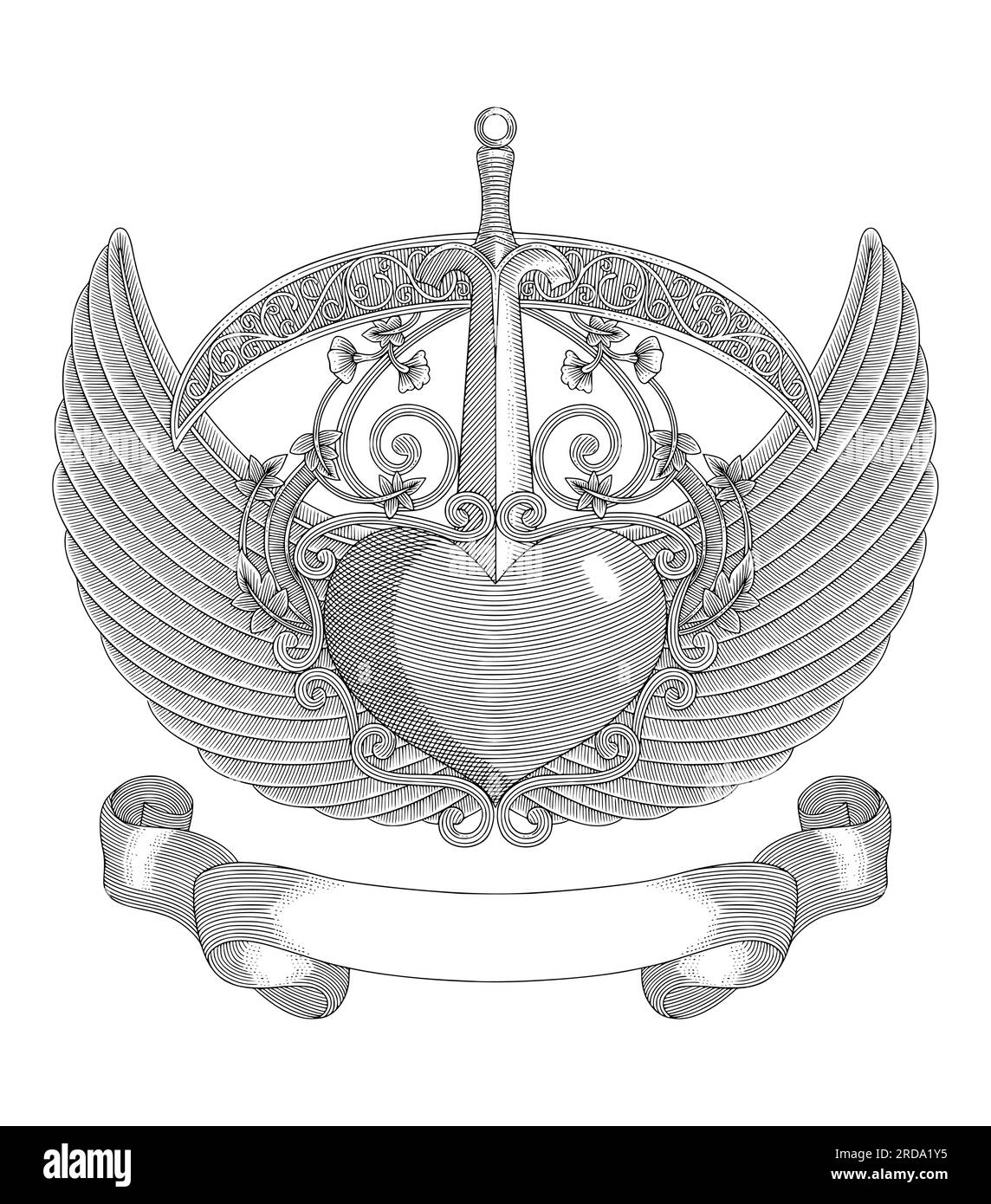 Cuore con spada, ali d'angelo e ornamento floreale, disegno con incisione Vintage, illustrazione vettoriale dal design antico Illustrazione Vettoriale