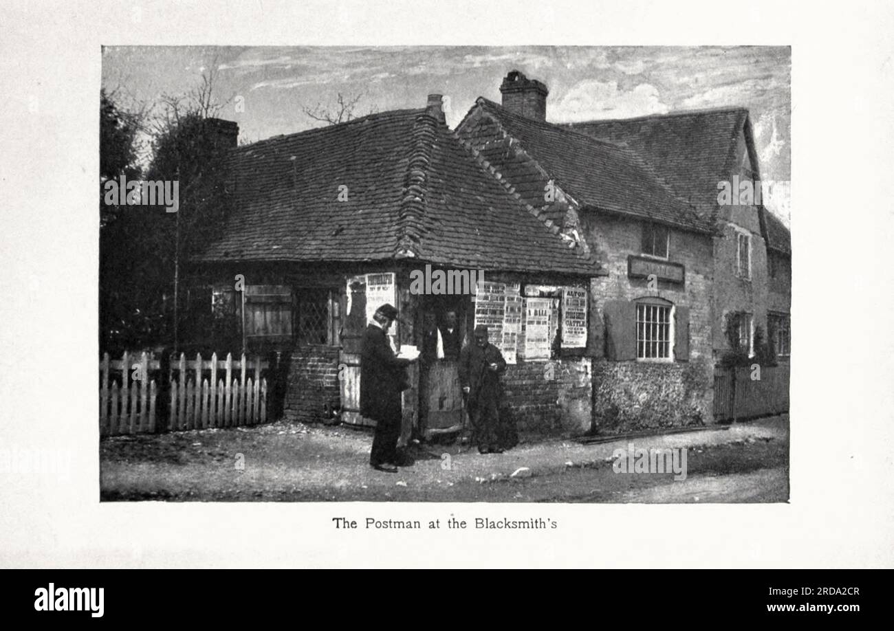 The Postman at the Blacksmith's Fotografia in bianco e nero dal libro ' Among English Hedgerows' di Clifton Johnson, 1865-1940 data di pubblicazione 1899 ristampata nel 1914 Publisher New York : The Macmillan co.; London, Macmillan and co., ltd. Foto Stock