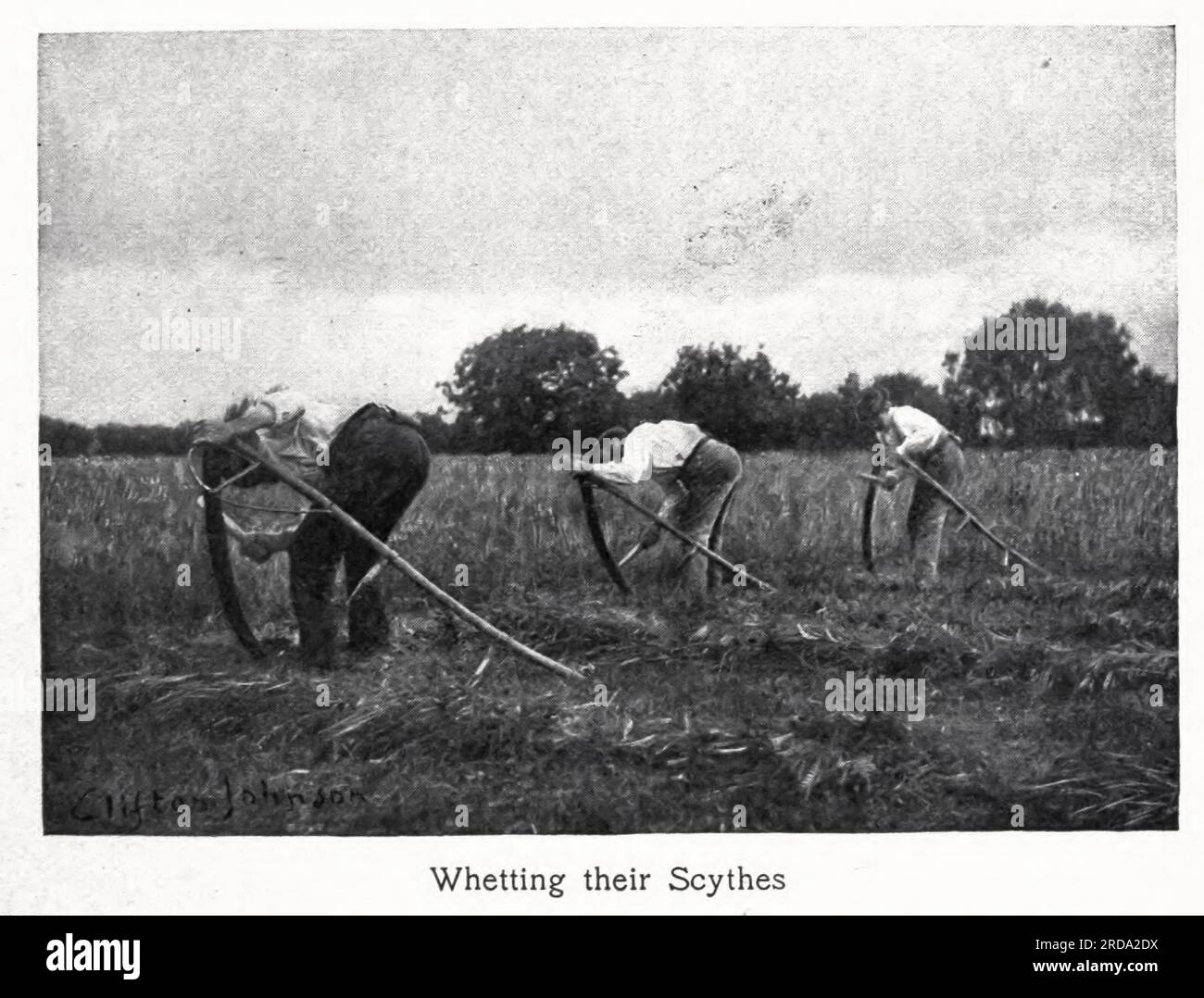 Whetting Their Scythes fotografia in bianco e nero dal libro ' Among English Hedgerows' di Clifton Johnson, 1865-1940 data di pubblicazione 1899 ristampata nel 1914 Publisher New York : The Macmillan co.; London, Macmillan and co., ltd. Foto Stock Whetting Their Scythes fotografia in bianco e nero dal libro ' Among English Hedgerows' di Clifton Johnson, 1865-1940 data di pubblicazione 1899 ristampata nel 1914 Publisher New York : The Macmillan co.; London, Macmillan and co., ltd. Foto Stock