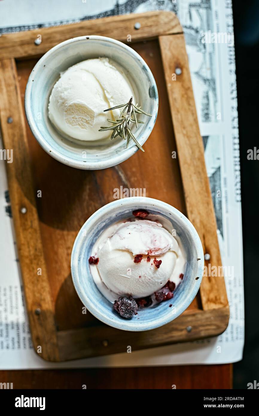 Delizioso yogurt gelato ai mirtilli fatto in casa, messa a fuoco selettiva Foto Stock