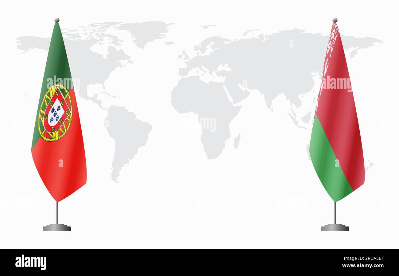 Bandiere portoghesi e bielorusse per incontri ufficiali sullo sfondo della mappa mondiale. Illustrazione Vettoriale