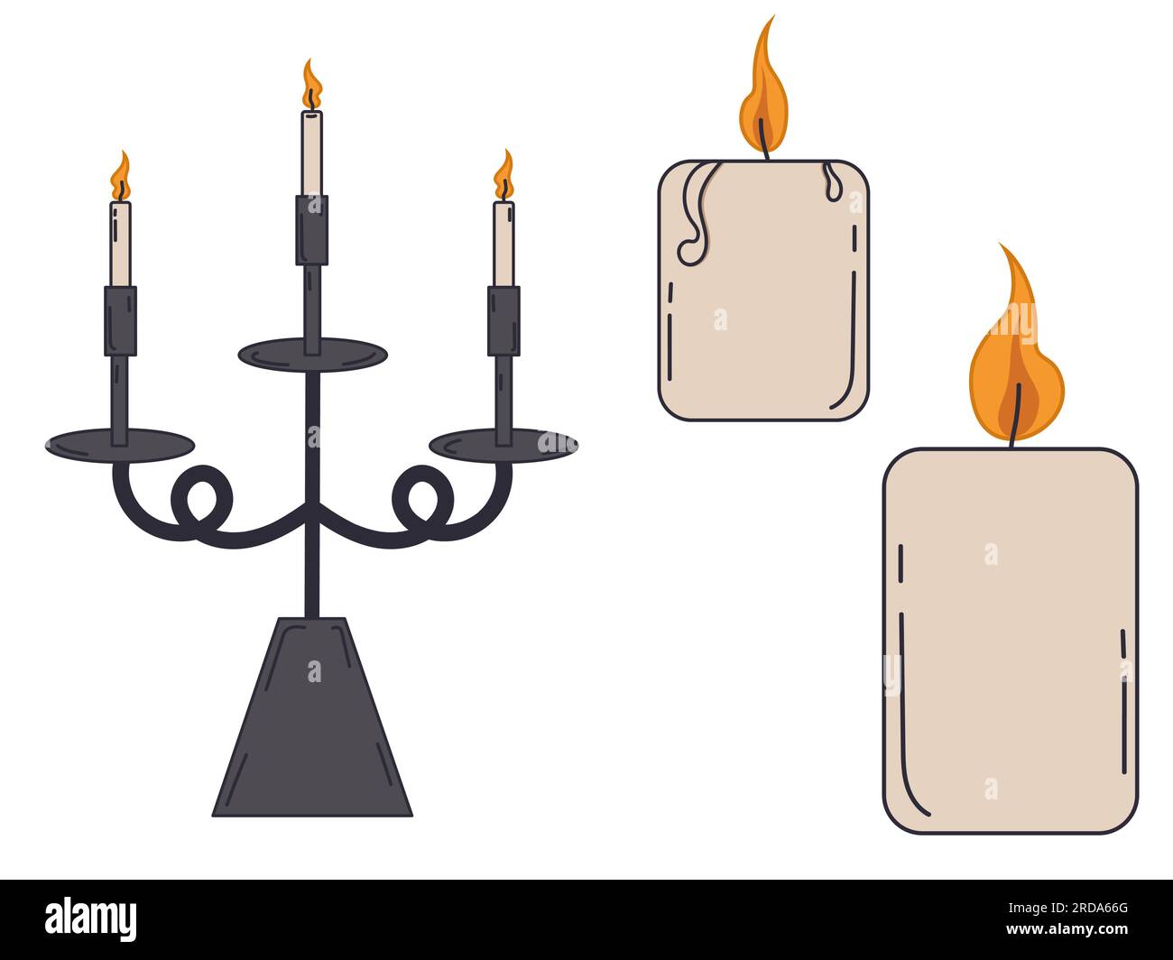 Candele di Halloween isolate su sfondo bianco. Set di candele. Clip art. Simbolo di Halloween. Candlestick. Stile retrò. Illustrazione Vettoriale