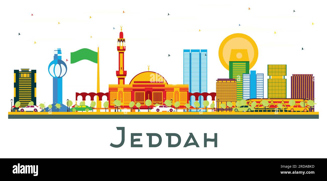 Skyline della città di Jeddah in Arabia Saudita con edifici colorati isolati su bianco. Illustrazione vettoriale. Business Travel and Tourism Concept con edificio moderno Illustrazione Vettoriale