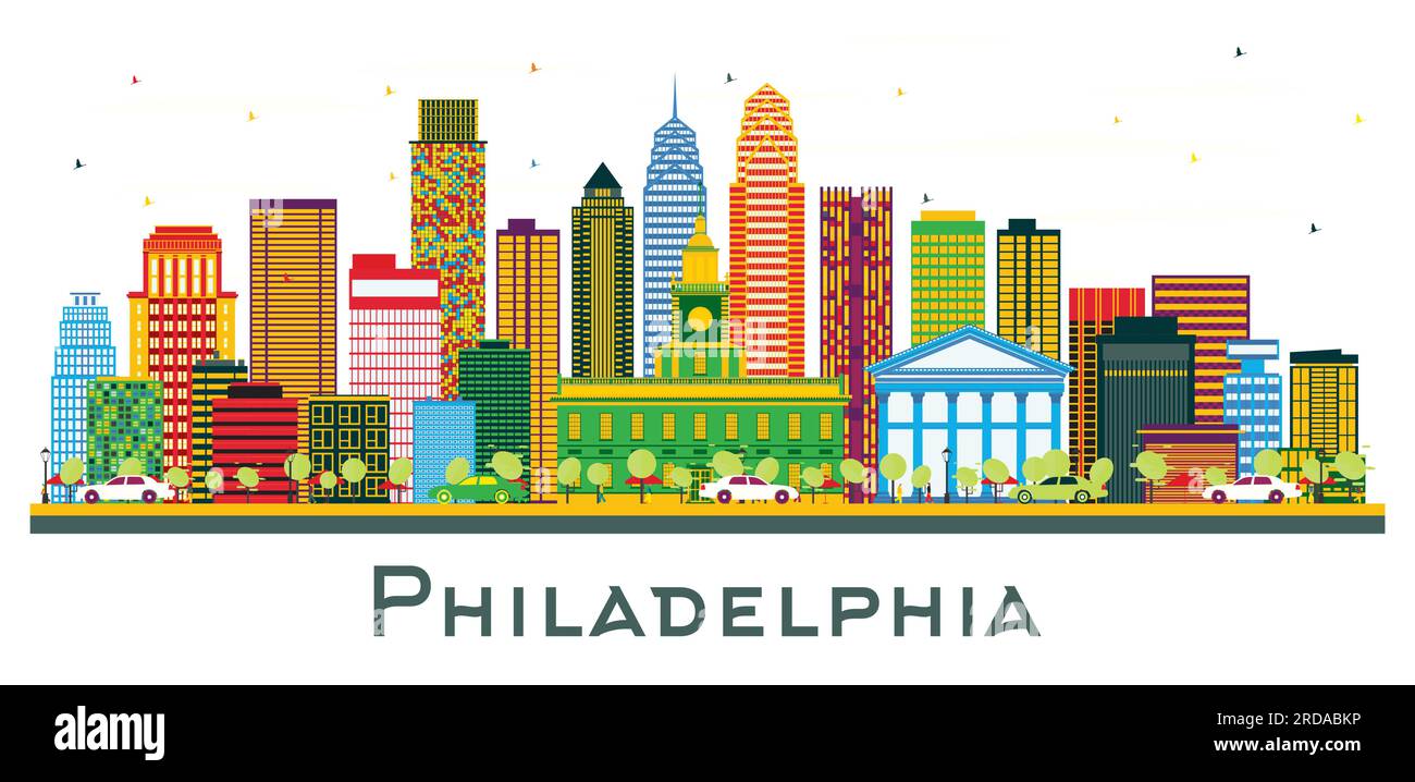 Skyline di Philadelphia, Pennsylvania, con edifici colorati isolati su bianco. Illustrazione vettoriale. Business Travel and Tourism Concept. Illustrazione Vettoriale