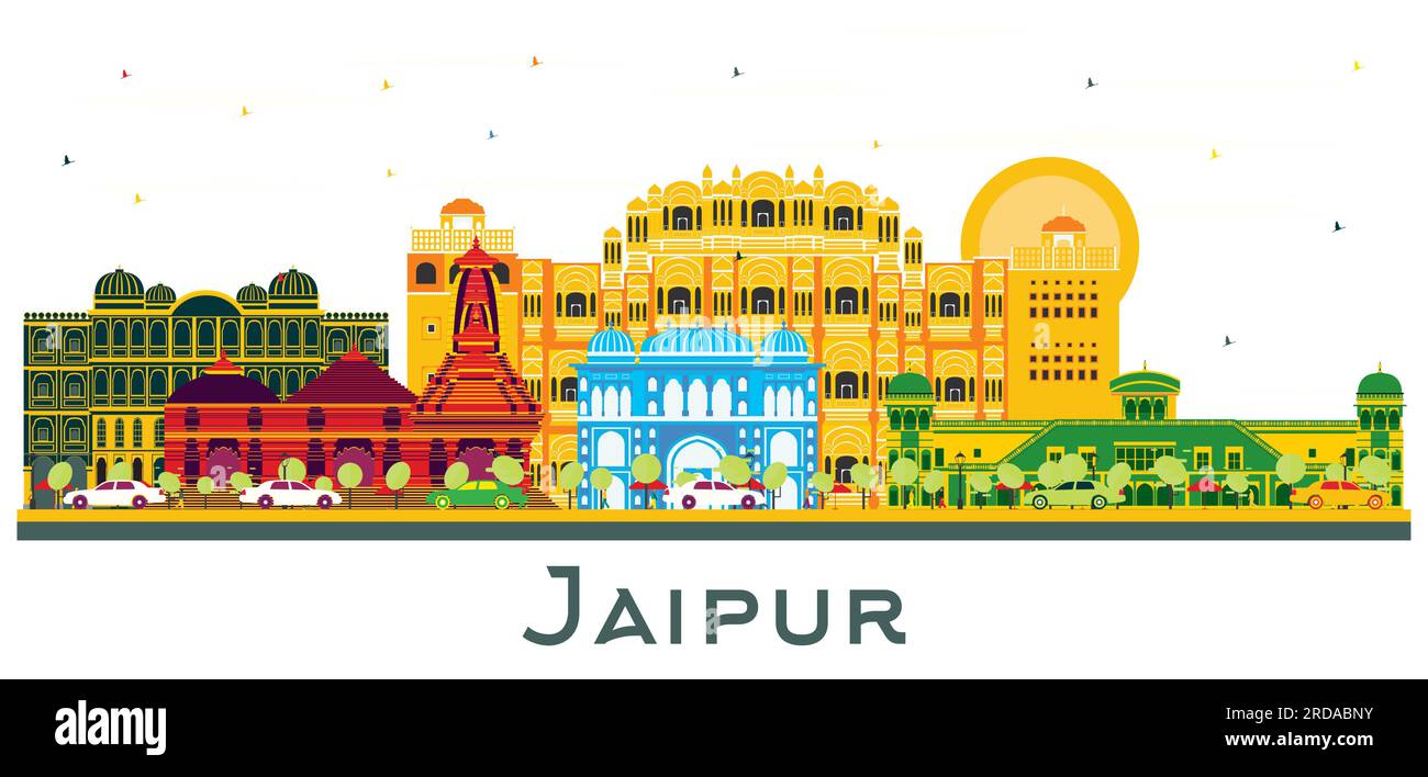 Skyline di Jaipur India City con edifici colorati isolati su bianco. Illustrazione vettoriale. Business Travel and Tourism Concept. Jaipur Cityscape. Illustrazione Vettoriale