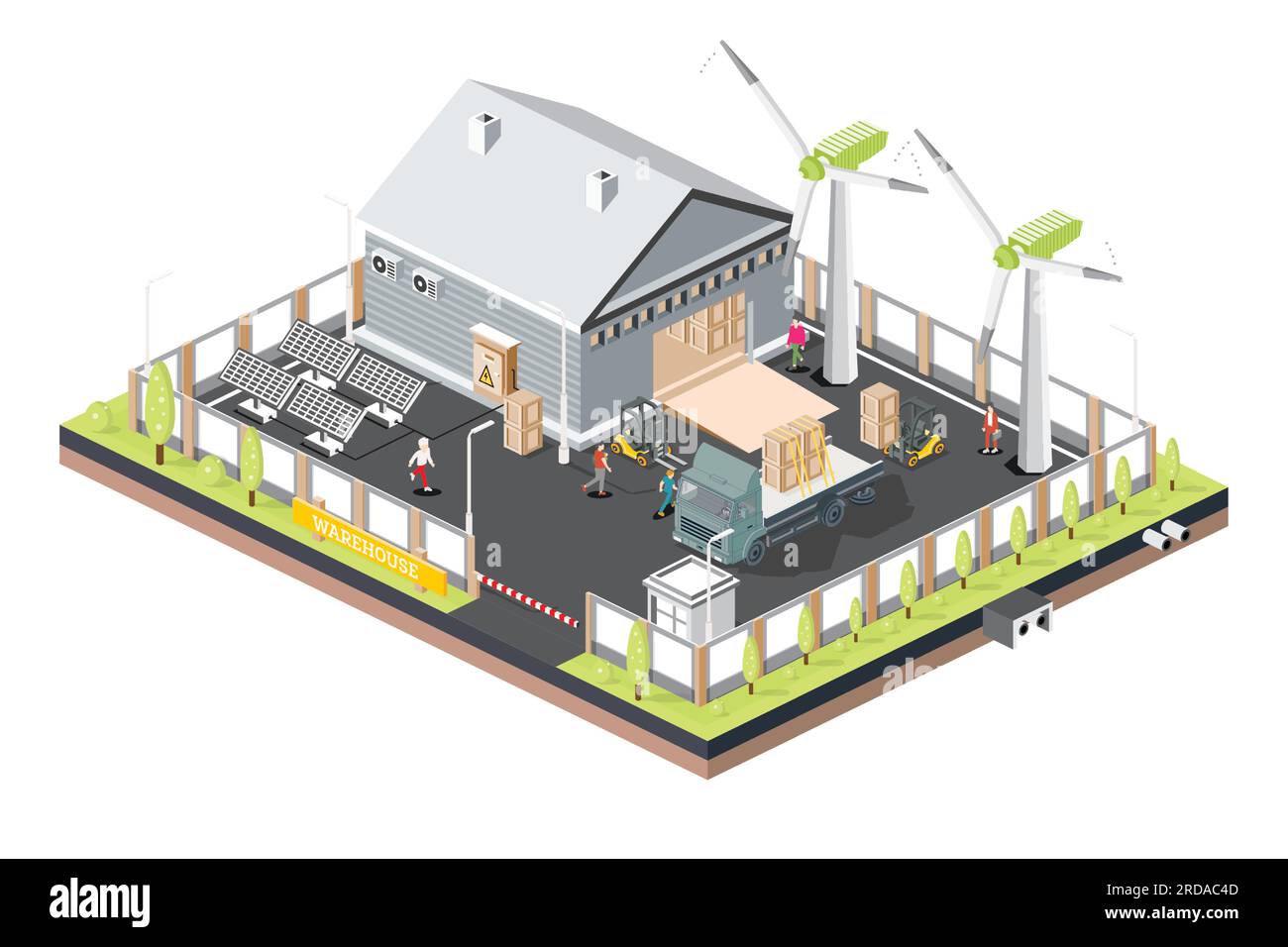 Centro logistico di distribuzione Isometric con pannelli solari e turbine eoliche. Magazzini di stoccaggio con veicoli industriali. Illustrazione vettoriale. Illustrazione Vettoriale