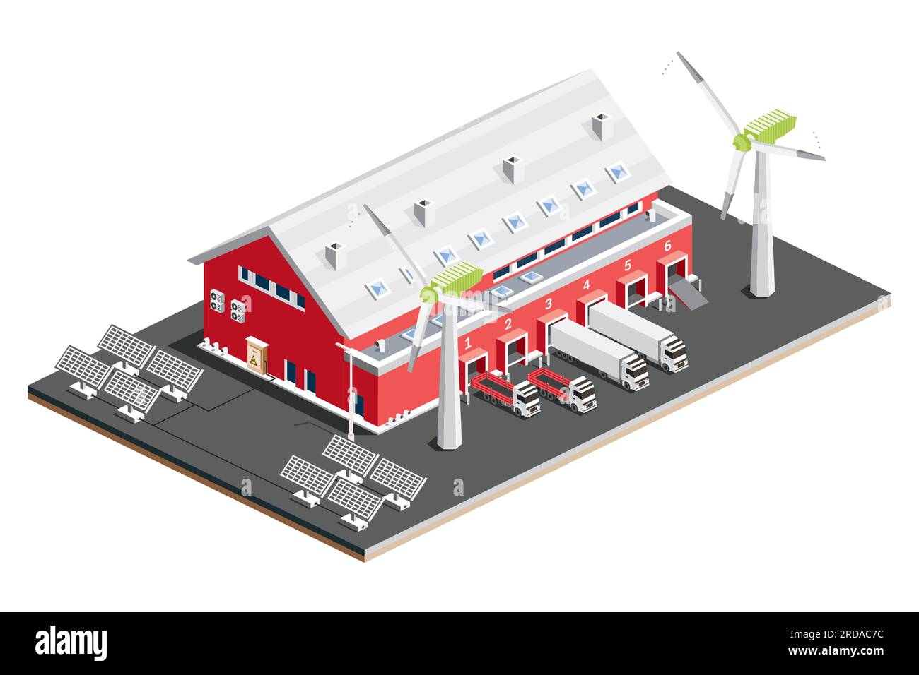 Centro logistico di distribuzione Isometric con pannelli solari e turbine eoliche. Magazzini di stoccaggio con veicoli industriali. Illustrazione vettoriale. Illustrazione Vettoriale