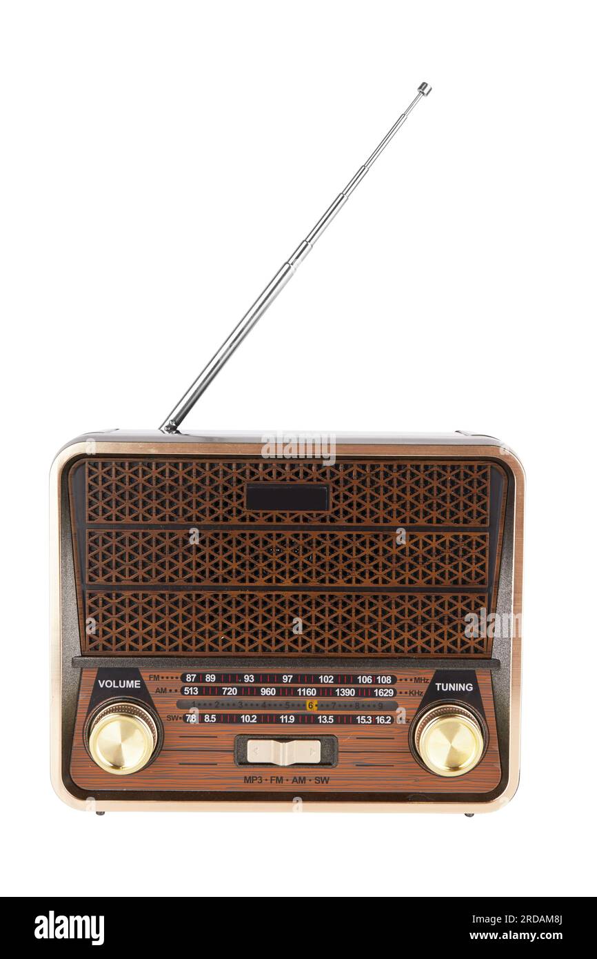 Radio retro ricevitore portatile vintage oggetto isolato sfondo bianco Foto Stock