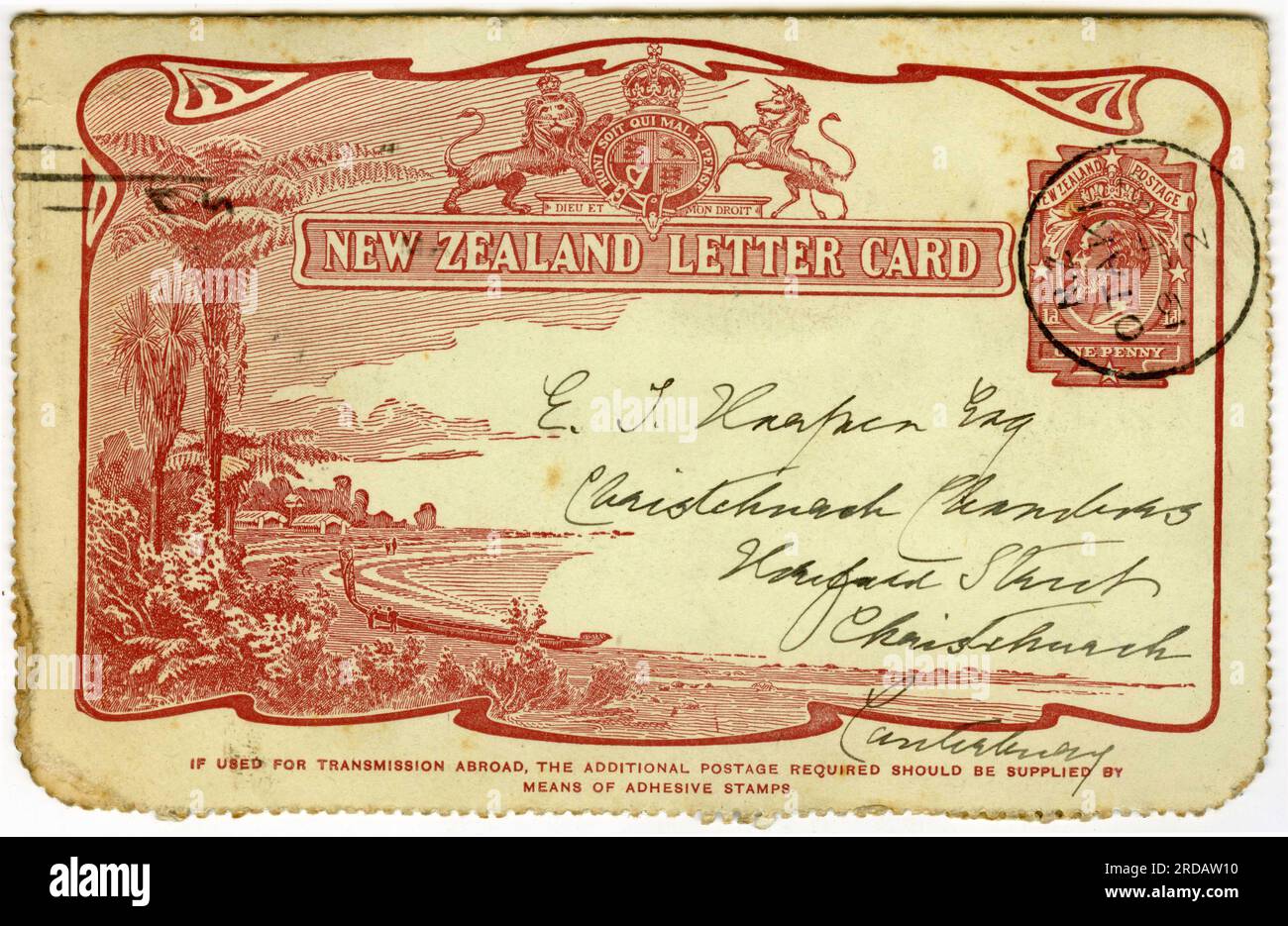 Una lettera della nuova Zelanda indirizzata a E. T Harper Esquire, Hereford St, Christchurch, circa 1915 Foto Stock